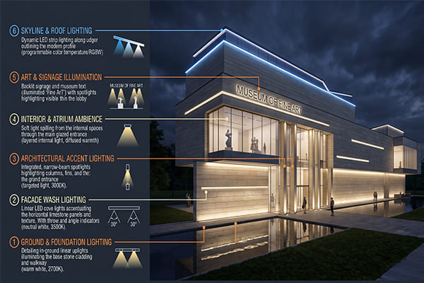 Diagram showing the layers of facade lighting on a building